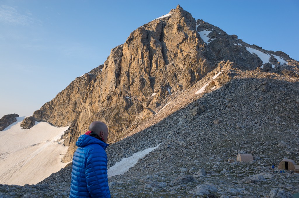 Ghost Whisperer Down Jacket on the Lower Saddle, Tetons.