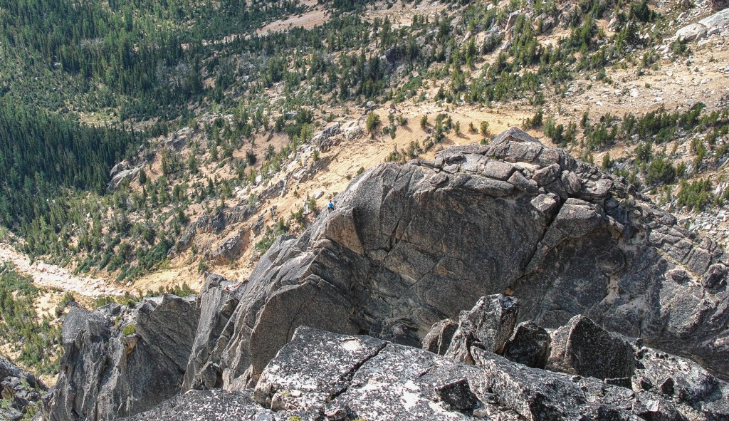 Climbers on the final pitch of Burgundy Spire. Look Closely, and you can see climbers topping out on Paisano Pinnacle far below. 