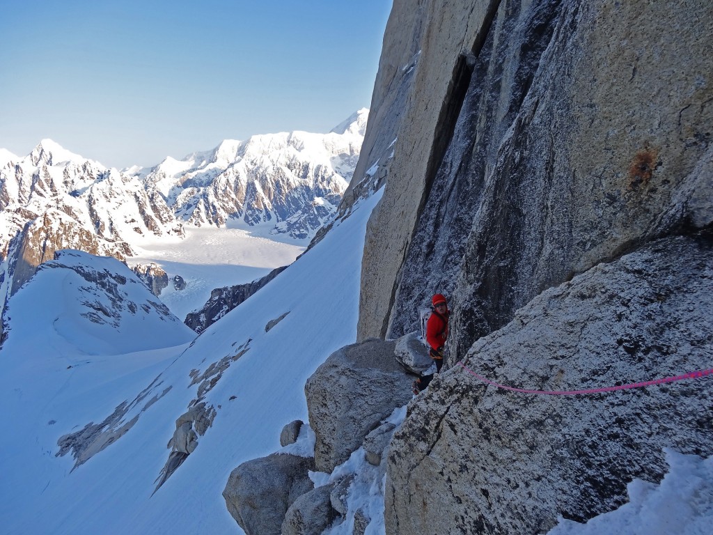 Traversing into the Ham & Eggs couloir