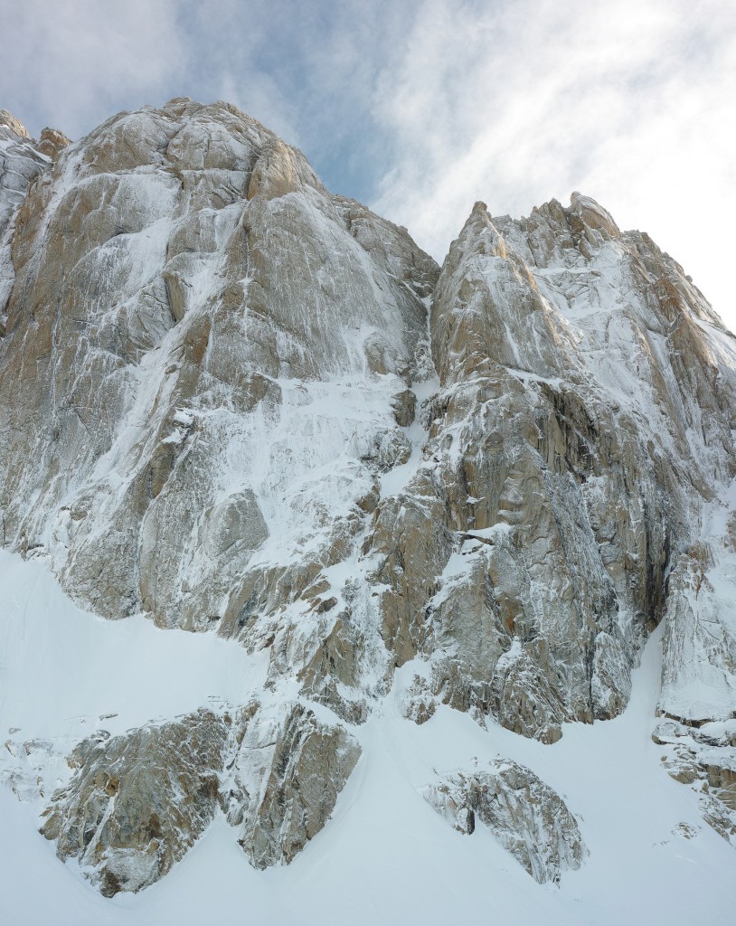 The Moose's Tooth. The Ham & Eggs route follows the prominent couloir up the center