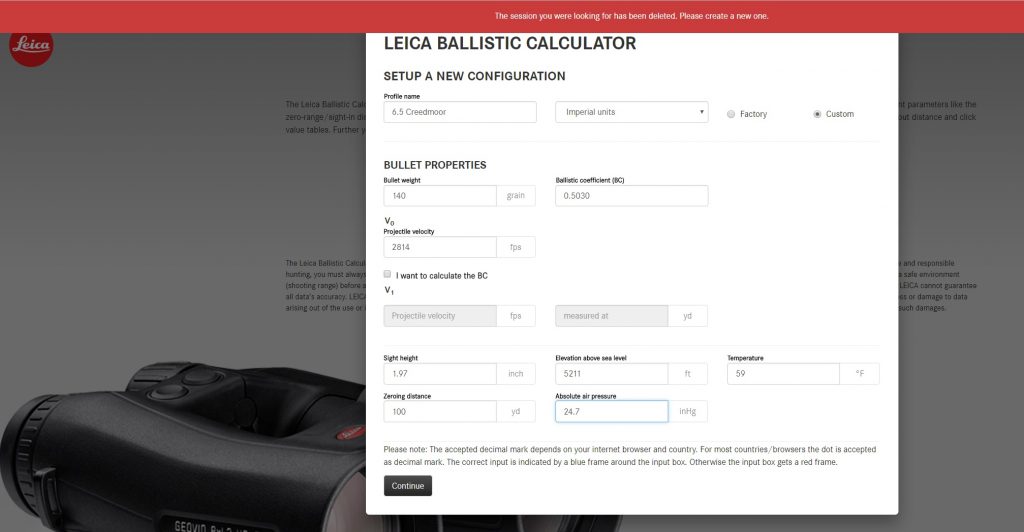 Leica's ballistics web page where you enter custom load information